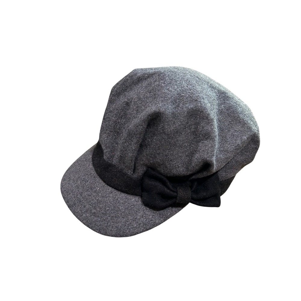 Y2K Womens Gray Wool Blend Newsboy Cap Baker Boy Hat with Black Bow Detail